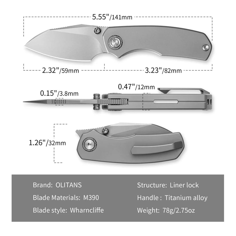 Olitans Mini Ti-Mastiff T074 - 2.36" Black PVD Stonewashed M390 Blade, Titanium Handle