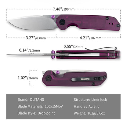 Olitans Lemon Shark G071 - 3.27" 10Cr15Mov Stonewashed Blade, Purple Acrylic Handle