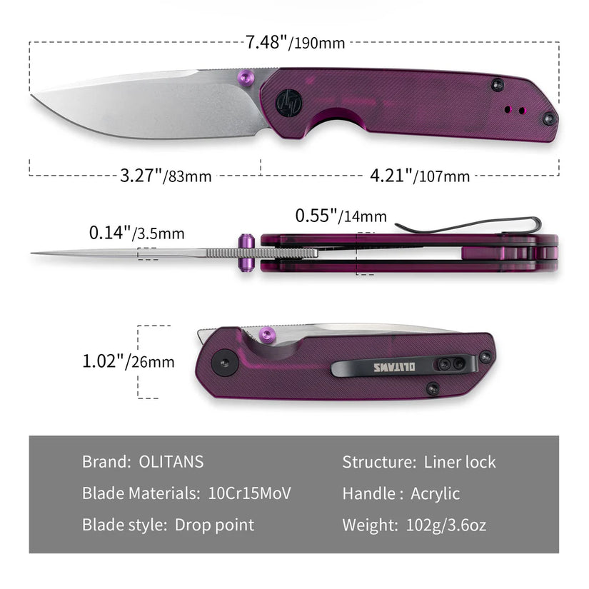 Olitans Lemon Shark G071 - 3.27" 10Cr15Mov Stonewashed Blade, Purple Acrylic Handle