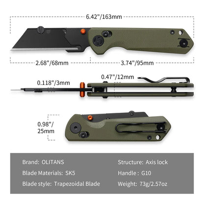Olitans Adélie Penguin G076 - 2.68" Black Utility Blade, Green G10 Handle