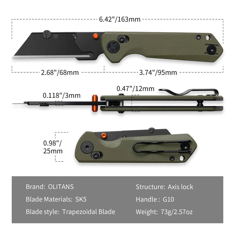 Olitans Adélie Penguin G076 - 2.68" Black Utility Blade, Green G10 Handle