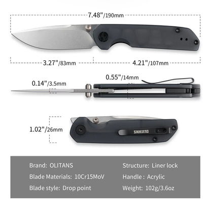 Olitans Lemon Shark G071 - 3.27" 10Cr15Mov Stonewashed Blade, Grey Acrylic Handle