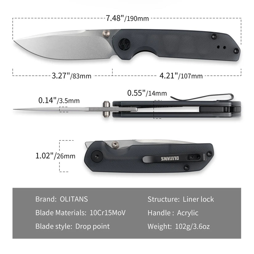 Olitans Lemon Shark G071 - 3.27" 10Cr15Mov Stonewashed Blade, Grey Acrylic Handle