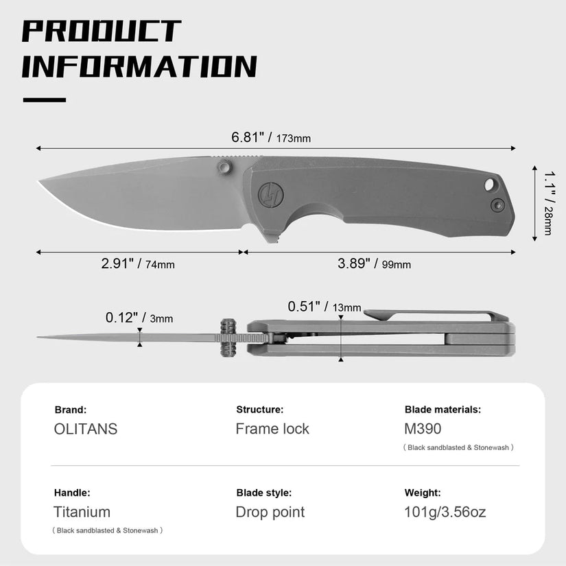 Olitans Bomber 2.0 T065 - 2.95" M390 Stonewashed Blade, Dark Grey Titanium Handle