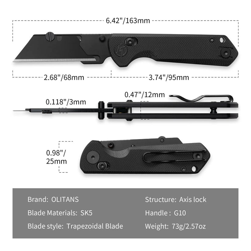 Olitans Adélie Penguin G076 - 2.68" Black Utility Blade, Black G10 Handle