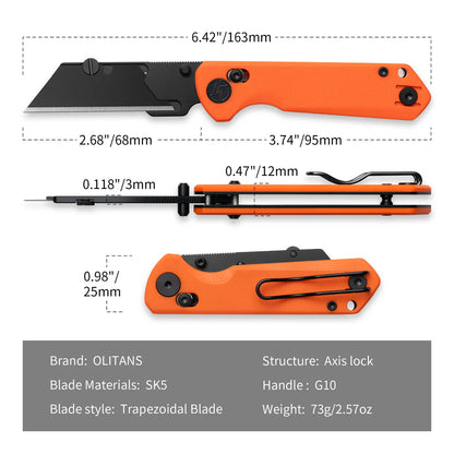 Olitans Adélie Penguin G076 - 2.68" Black Utility Blade, Orange G10 Handle
