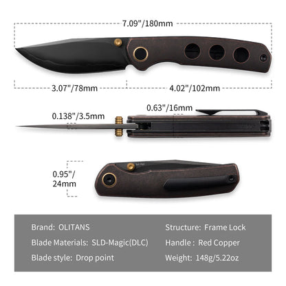 Olitans Gecko M070 - 3.07" SLD-Magic DLC Blade, Copper Handle