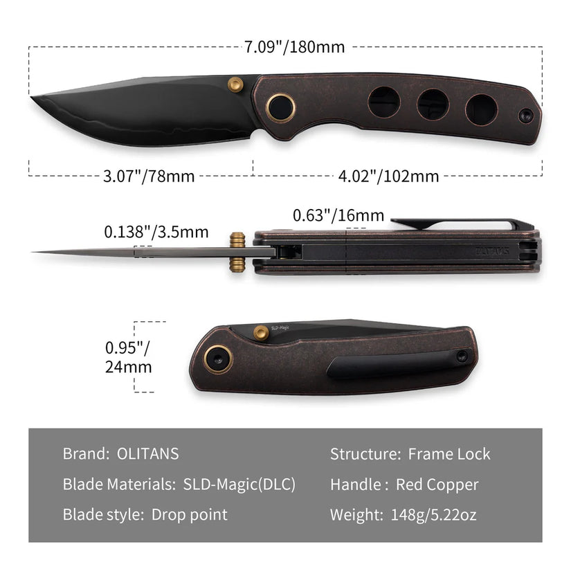 Olitans Gecko M070 - 3.07" SLD-Magic DLC Blade, Copper Handle