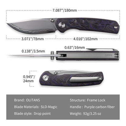 Olitans Gecko M070 - 3.07" SLD-Magic Blade, Purple Carbon Fibre Handle