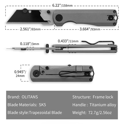 Olitans Ti Nova T078 - 2.68" Black Utility Blade, Dark Grey Stonewashed Titanium Handle