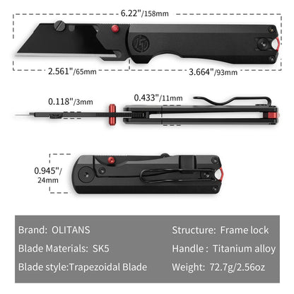 Olitans Ti Nova T078 - 2.68" Black Utility Blade, Black Titanium Handle
