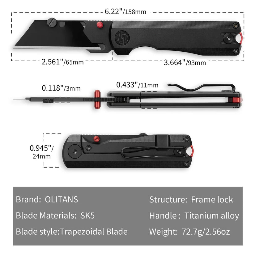 Olitans Ti Nova T078 - 2.68" Black Utility Blade, Black Titanium Handle