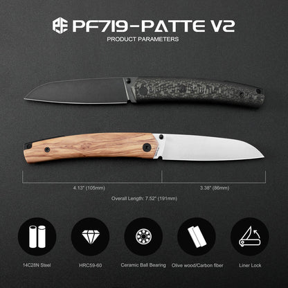 Petrified Fish Patte V2 PF719OWOS - 3.43" 14C28N Satin Blade, Olive Wood Handle