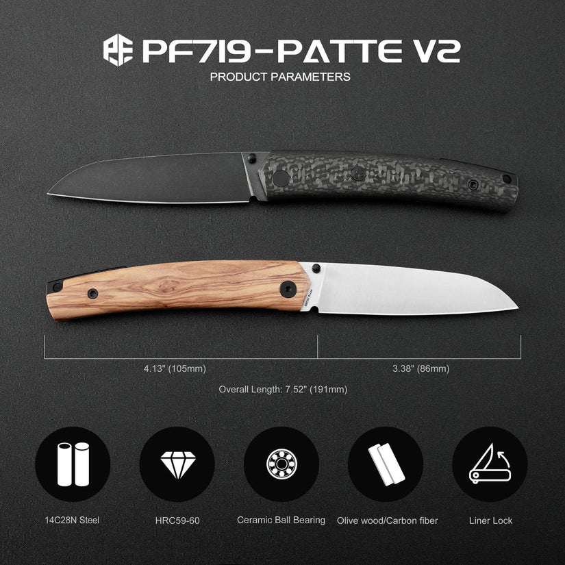 Petrified Fish Patte V2 PF719OWOS - 3.43" 14C28N Satin Blade, Olive Wood Handle