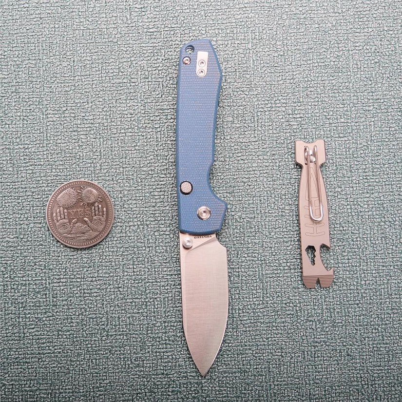 Vosteed Raccoon Top Liner Lock A2905 - 3.25" 14C28N Satin Blade, Blue Micarta Handle
