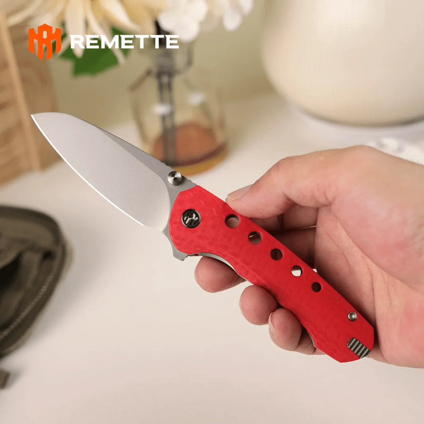 Remette RT-Bee - 2.8" 14C28N Sandblasted Blade, Red G10 Handle and Titanium Toothpick