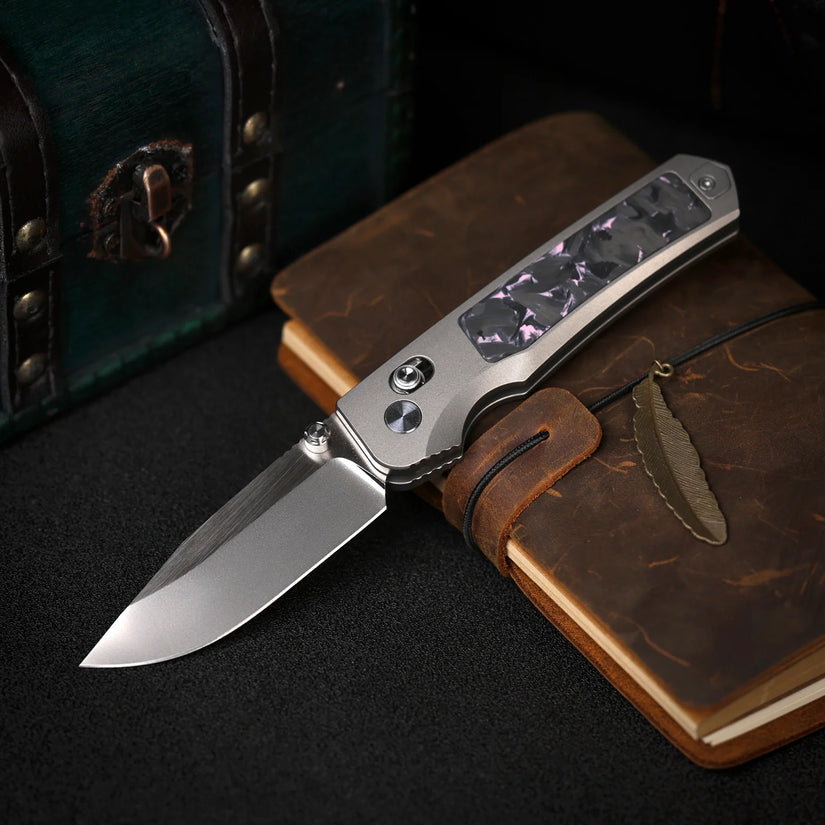Remette RT-Aurora - 2.75" M390 Satin Blade, Pink Carbon Fibre Titanium Handle. AURA-P