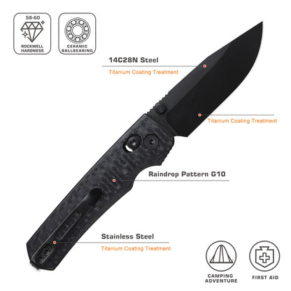 Remette RT-Aurora - 2.75" 14C28N Black Blade, Black Raindrop G10 Handle. AURA-G2