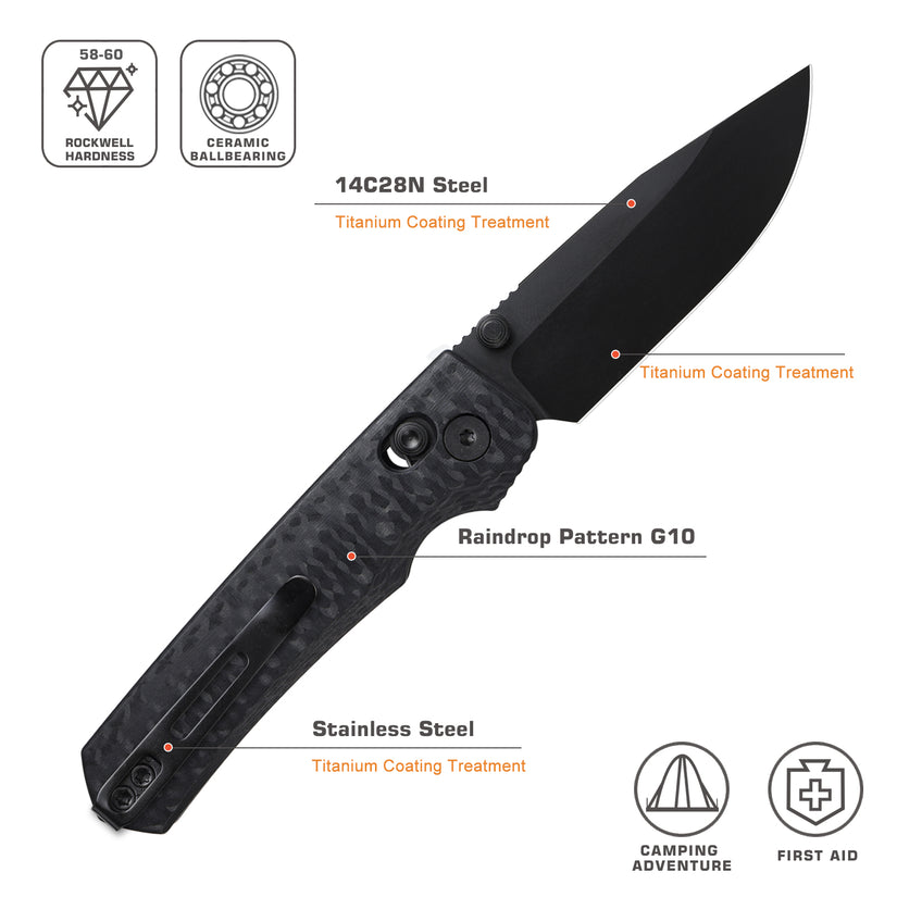Remette RT-Aurora - 2.75" 14C28N Black Blade, Black Raindrop G10 Handle. AURA-G2