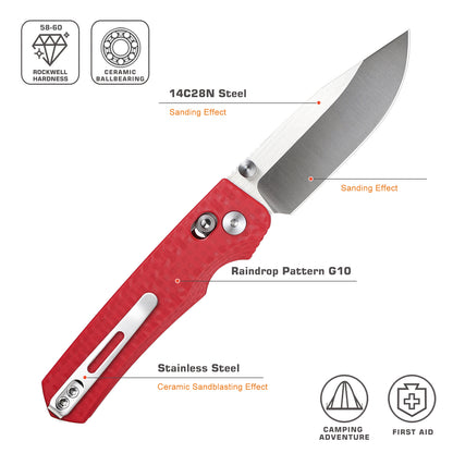 Remette RT-Aurora - 2.75" 14C28N Sandblasted Blade, Red Raindrop G10 Handle. AURA-G4