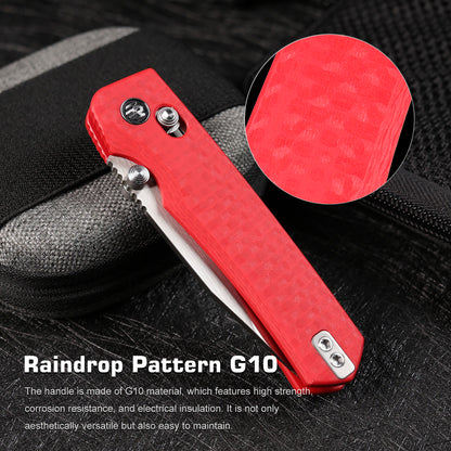 Remette RT-Aurora - 2.75" 14C28N Sandblasted Blade, Red Raindrop G10 Handle. AURA-G4
