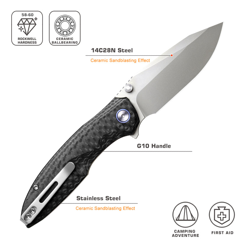 Remette RT-Cool Whale - 3.15" 14C28N Sandblasted Blade, Black G10 Handle, Button Liner Lock