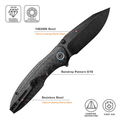 Remette RT-Cool Whale - 3.15" 14C28N Black Stonewashed Blade, Black G10 Handle, Button Liner Lock