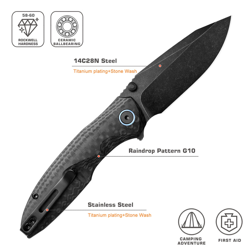 Remette RT-Cool Whale - 3.15" 14C28N Black Stonewashed Blade, Black G10 Handle, Button Liner Lock