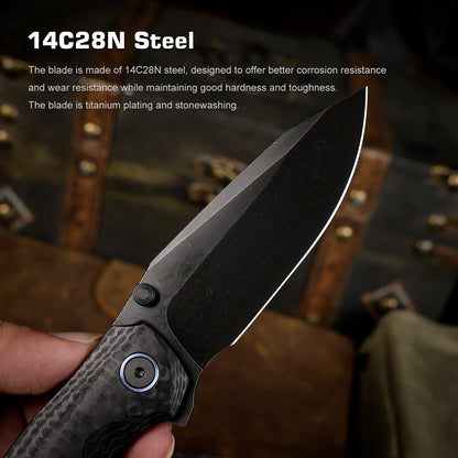 Remette RT-Cool Whale - 3.15" 14C28N Black Stonewashed Blade, Black G10 Handle, Button Liner Lock