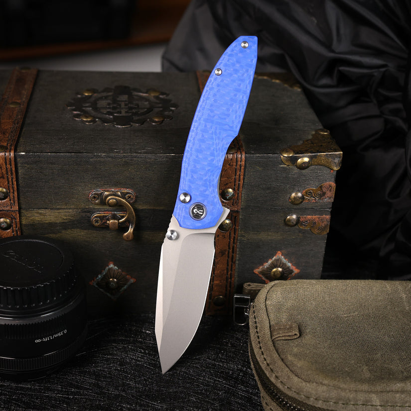 Remette RT-Cool Whale - 3.15" 14C28N Sandblasted Blade, Blue G10 Handle, Button Liner Lock