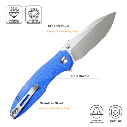 Remette RT-Cool Whale - 3.15" 14C28N Sandblasted Blade, Blue G10 Handle, Button Liner Lock