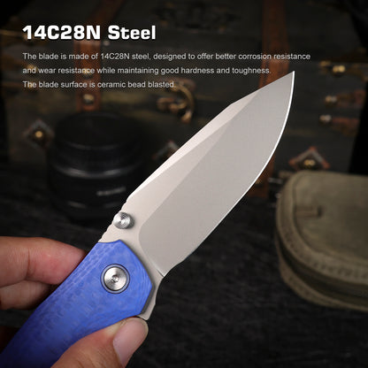 Remette RT-Cool Whale - 3.15" 14C28N Sandblasted Blade, Blue G10 Handle, Button Liner Lock