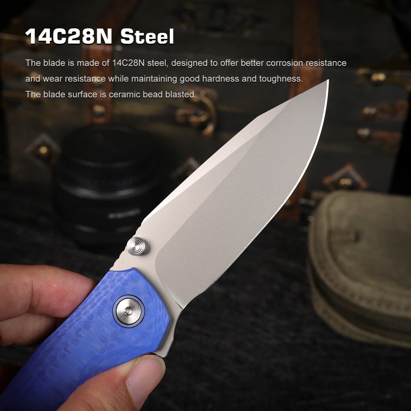 Remette RT-Cool Whale - 3.15" 14C28N Sandblasted Blade, Blue G10 Handle, Button Liner Lock