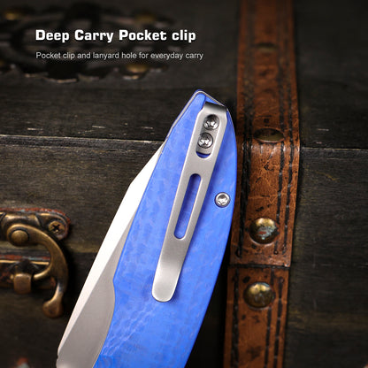 Remette RT-Cool Whale - 3.15" 14C28N Sandblasted Blade, Blue G10 Handle, Button Liner Lock