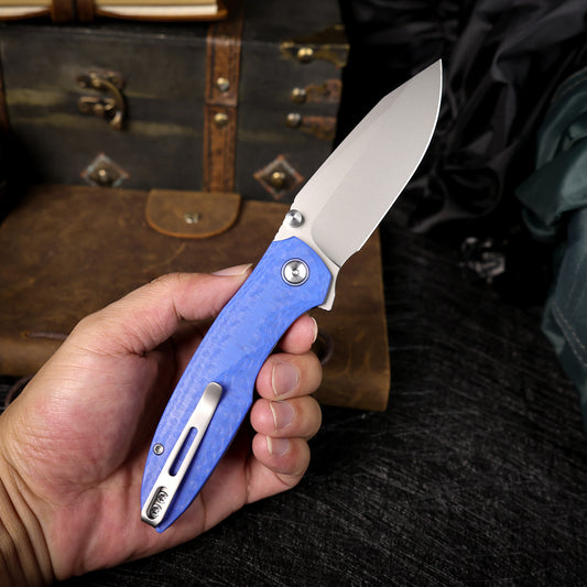 Remette RT-Cool Whale - 3.15" 14C28N Sandblasted Blade, Blue G10 Handle, Button Liner Lock