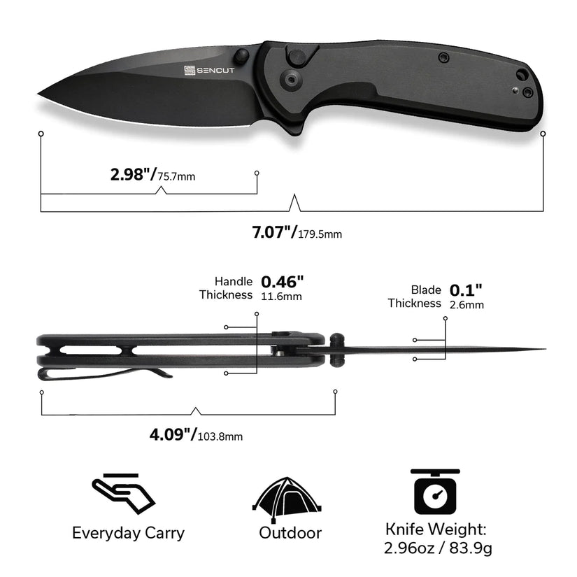 Sencut ArcBlast S22043B-1 - 2.98" 9Cr18MoV Black Blade, Back Aluminium Handle