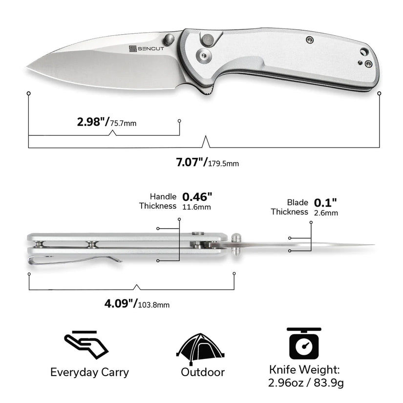 Sencut ArcBlast S22043B-2 - 2.98" 9Cr18MoV Satin Blade, Silver Aluminium Handle