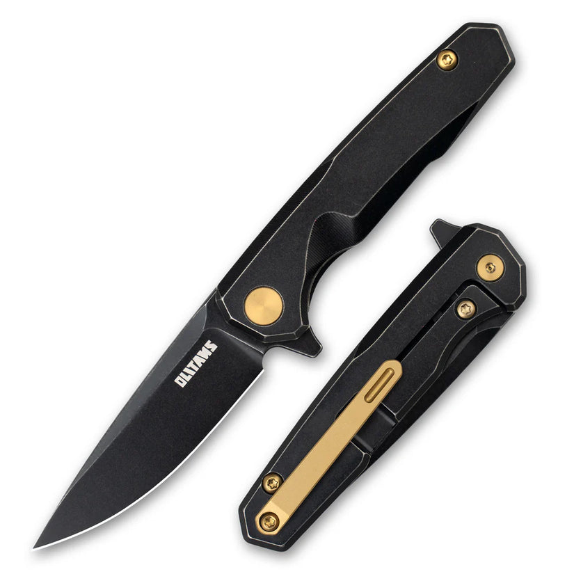 Olitans Mini Knife T019 - 2.16" 14C28N Black Stonewashed Blade, Black Stonewashed Titanium Handle