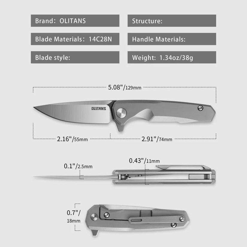 Olitans Mini Knife T019 - 2.16" 14C28N Belt Satin Blade, Titanium Handle