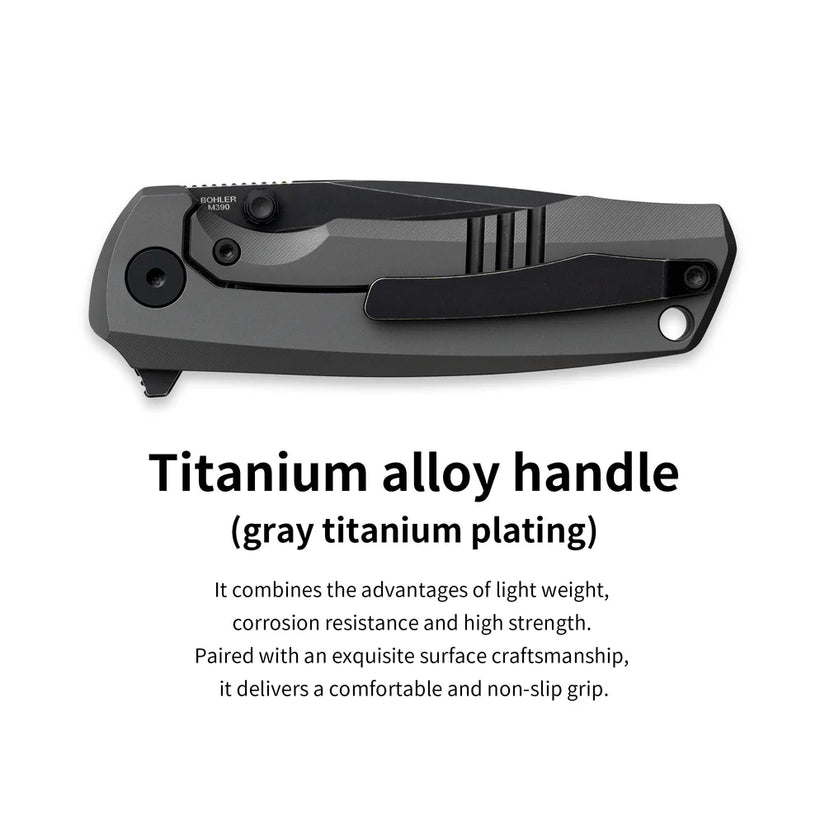 Olitans Bomber T065 - 2.95" M390 Black Stonewashed Blade, Grey Titanium Handle