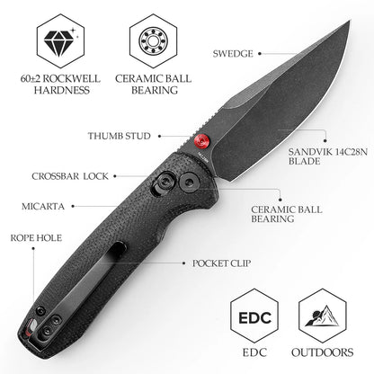 Trivisa Butterfly-BM - 2.99" 14C28N Black Stonewashed Blade, Black Micarta Handle