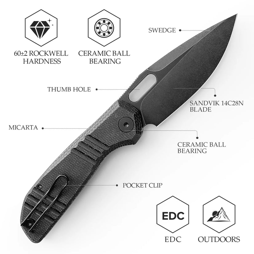 Trivisa Gecko-BM - 3.4" 14C28N Black Stonewashed Blade, Black Micarta