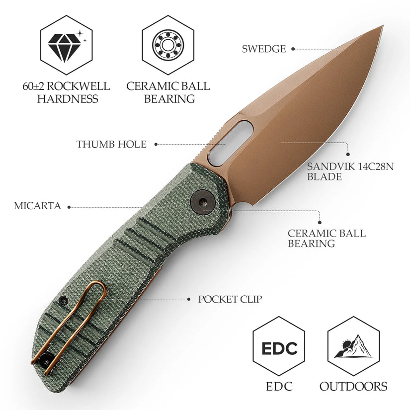 Trivisa Gecko-GM - 3.4" 14C28N Rose Gold Blade, Green Micarta
