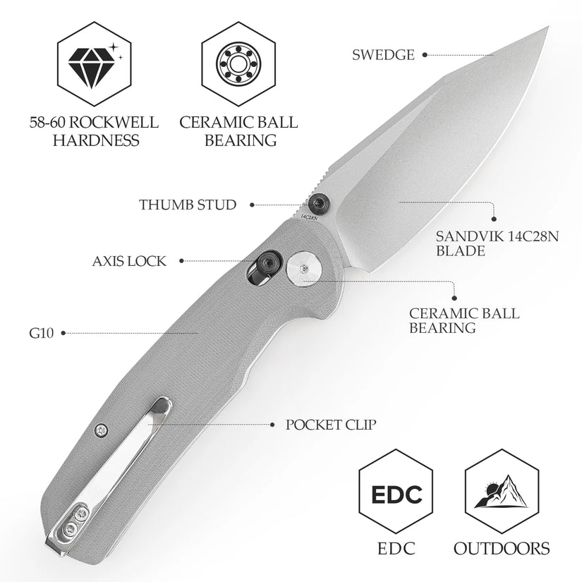 Trivisa Hornet-03G - 3.34" 14C28N Stonewashed Blade, Light Grey G10