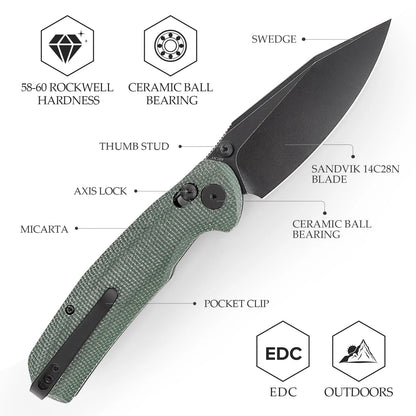 Trivisa Hornet-04G - 3.34" 14C28N Black Stonewashed Blade, Green Micarta