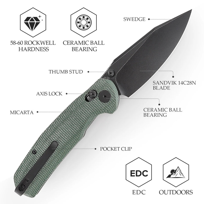 Trivisa Hornet-04G - 3.34" 14C28N Black Stonewashed Blade, Green Micarta