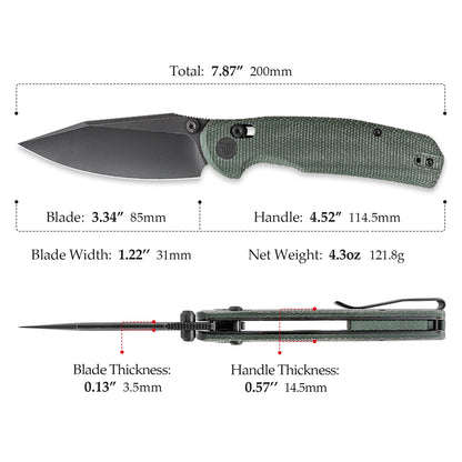 Trivisa Hornet-04G - 3.34" 14C28N Black Stonewashed Blade, Green Micarta