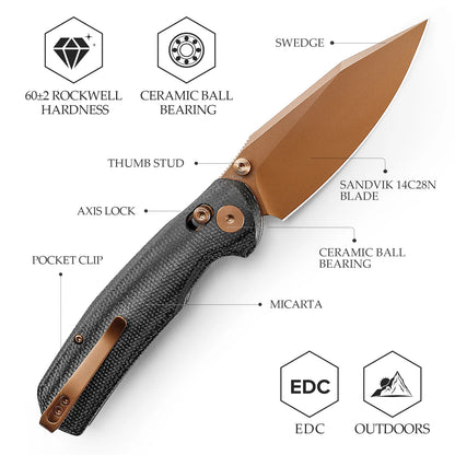 Trivisa Hornet-BM - 3.34" 14C28N Rose Gold Blade, Black Micarta