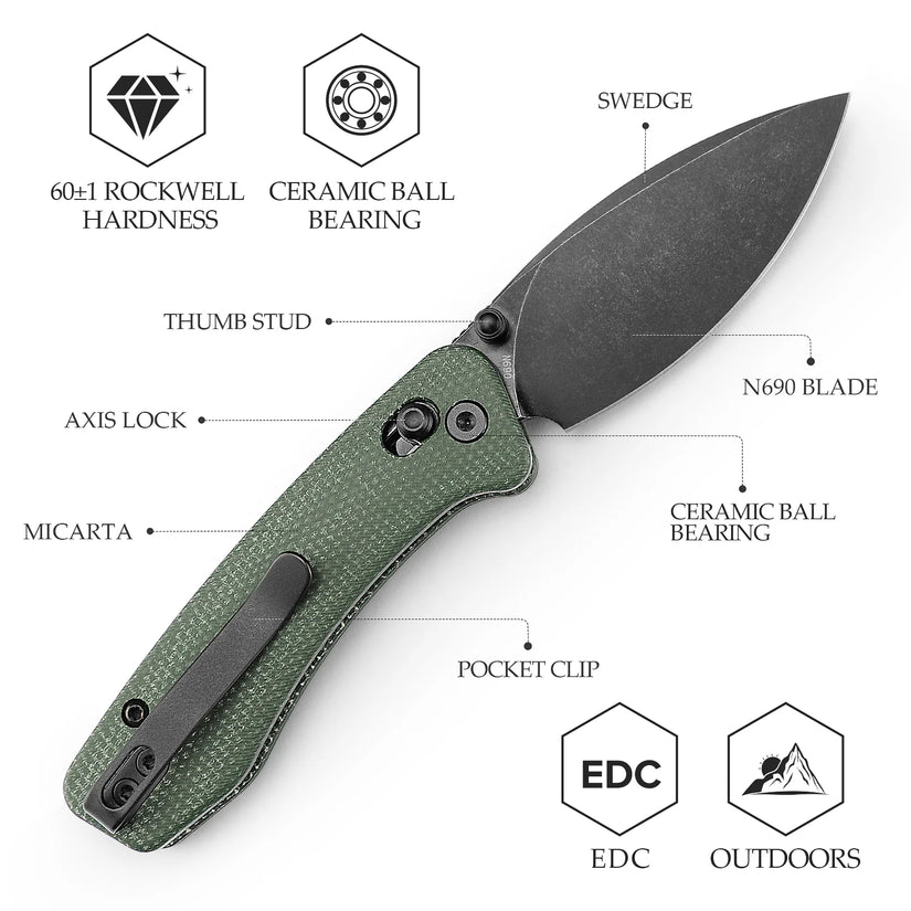 Trivisa Koala-G - 2.56" N690 Black Stonewashed Blade, Green Micarta