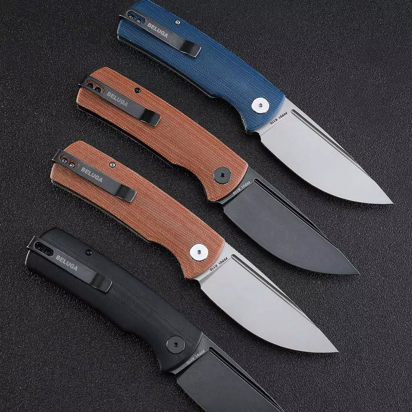 Petrified Fish Beluga PFP01 - 3.62" K110 Black Stonewashed Blade, Black G10 Handle, Front Flipper